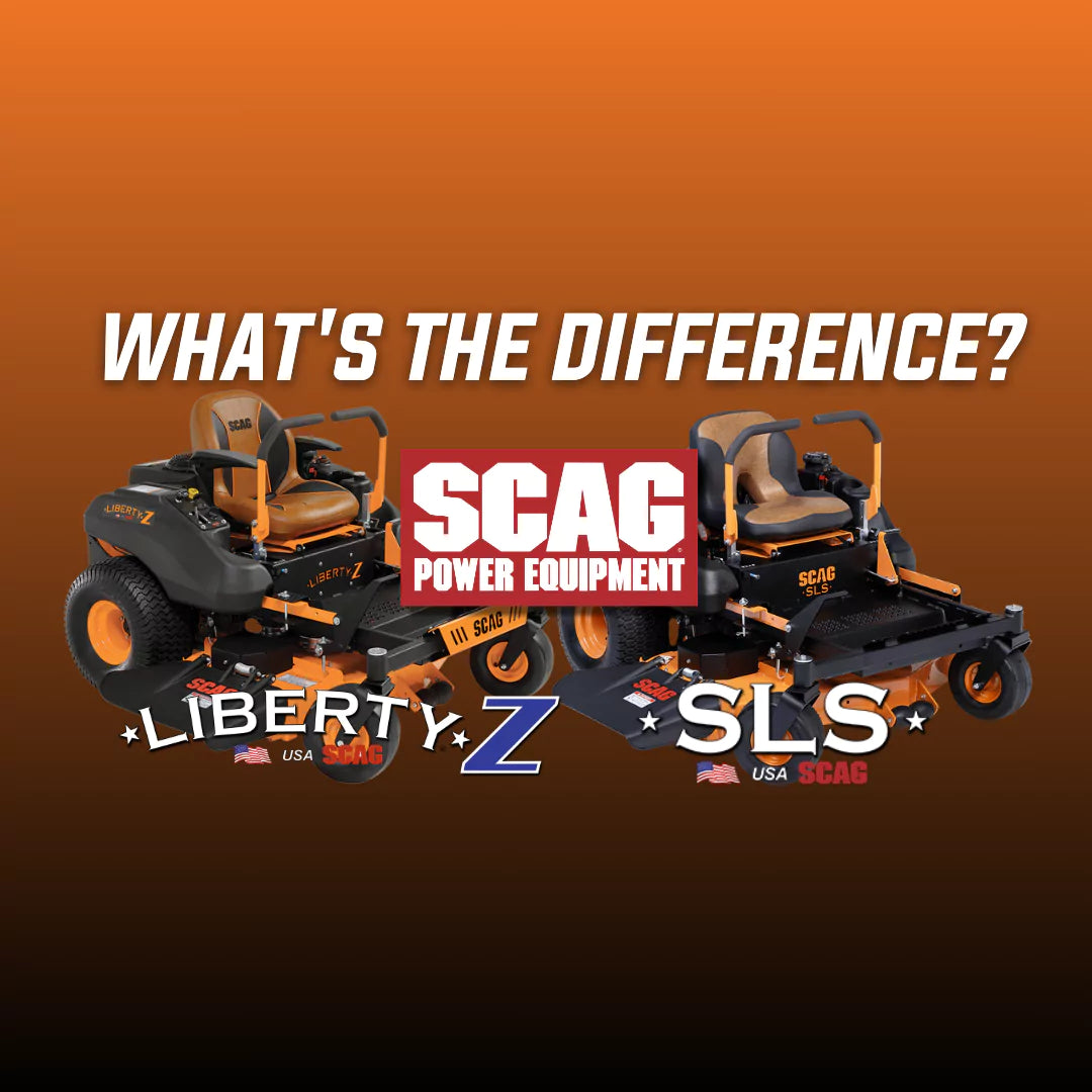 Comparison graphic of Scag Liberty Z and Scag SLS zero-turn lawn mowers with the text 